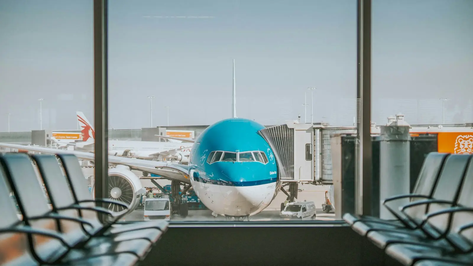 Aircraft at the gate seen from inside the terminal at the end of the PVR arrivals path